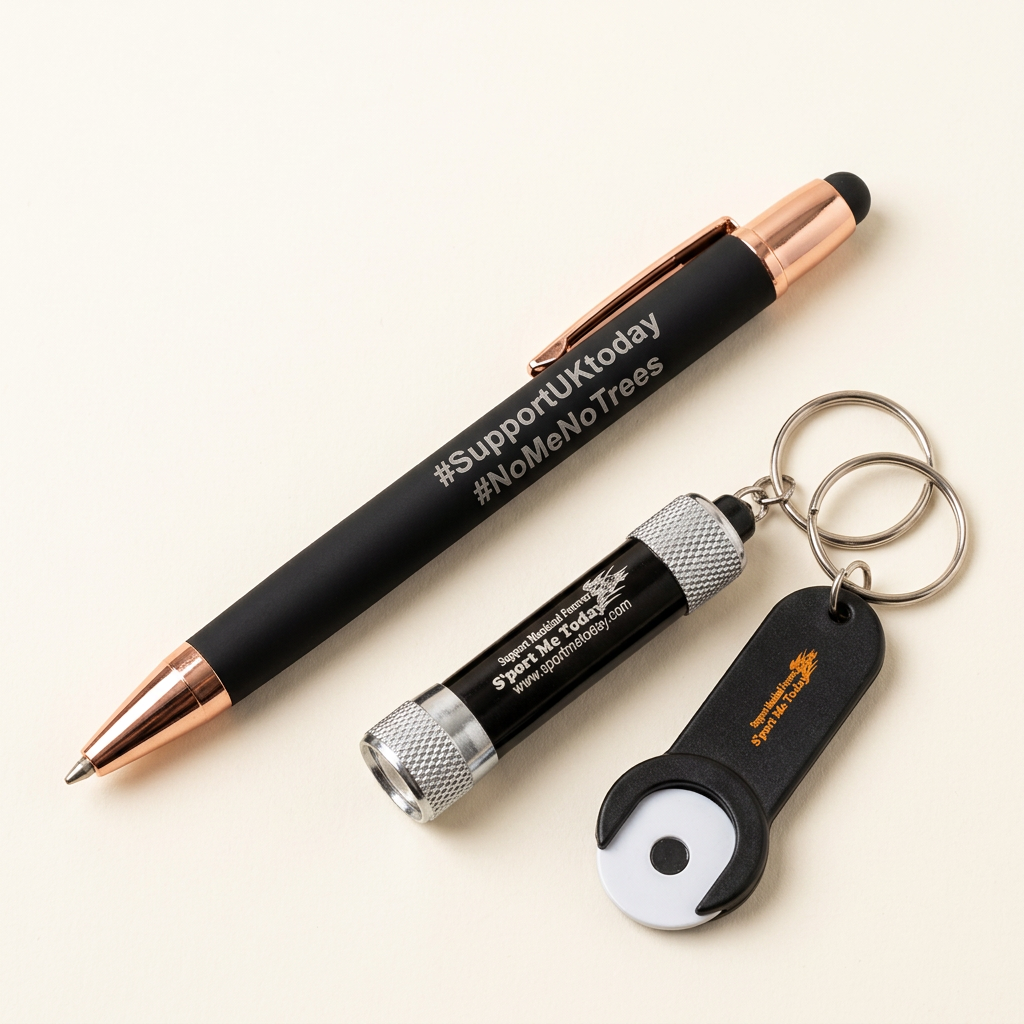 Supporter pack image featuring the pen and torch with trolley-coin keyring